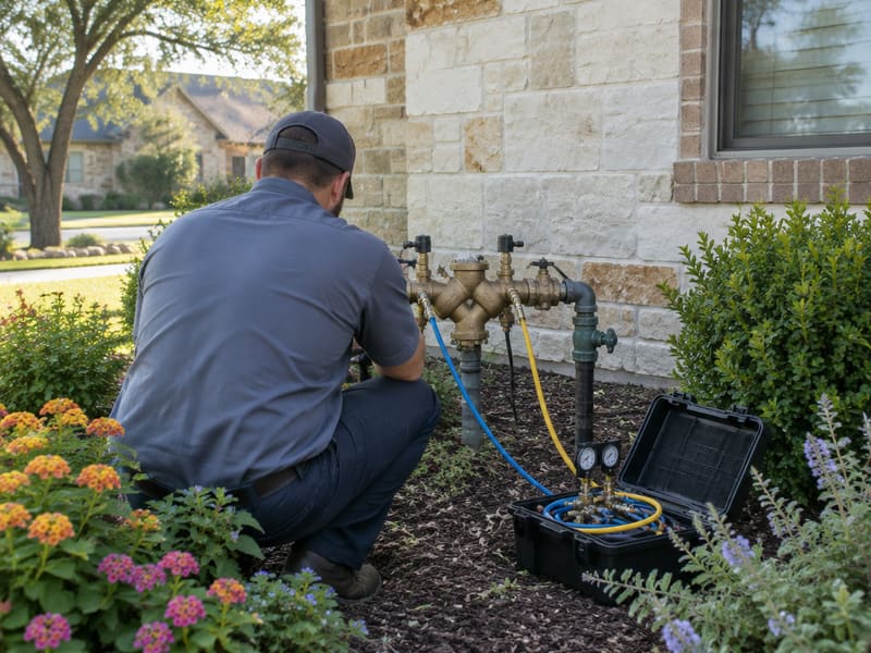 Technician testing a backflow preventer at a Central Texas home