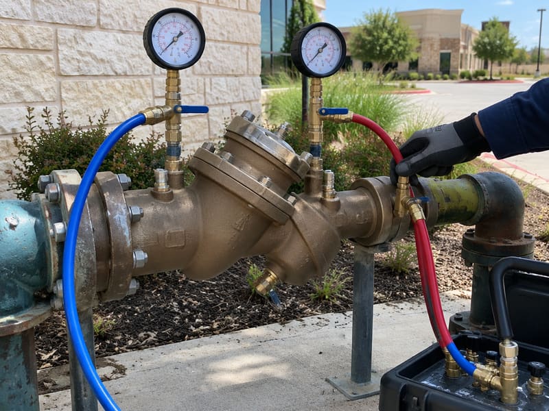 Backflow test kit connected to a commercial backflow assembly