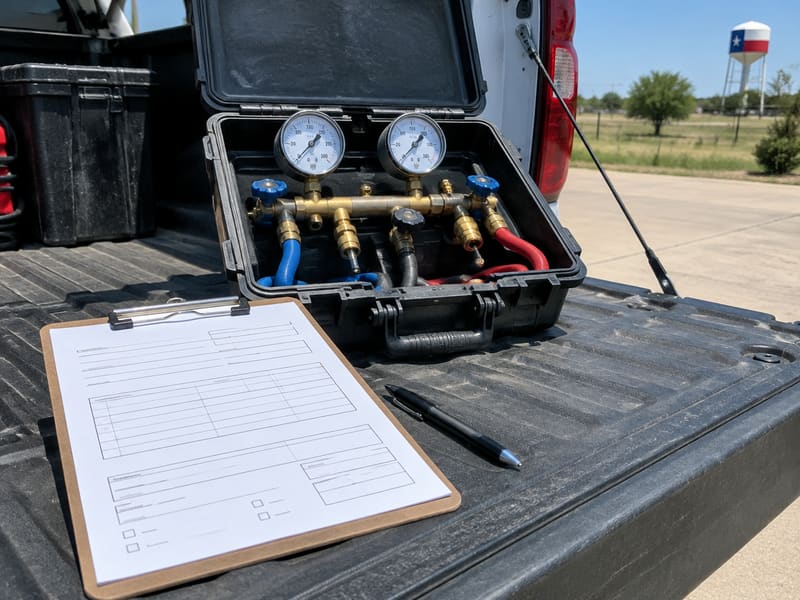 Backflow test report on a clipboard next to a test kit